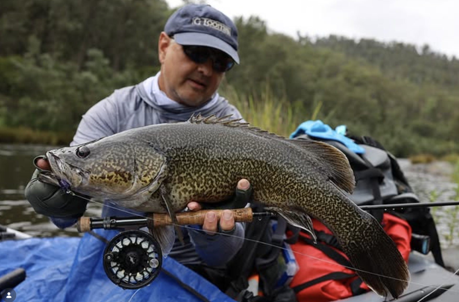 Shannon in a boat holding a large fish with a fishing rod